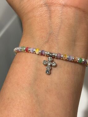 Beaded Multicolor Bracelet with Crystal Cross Charm